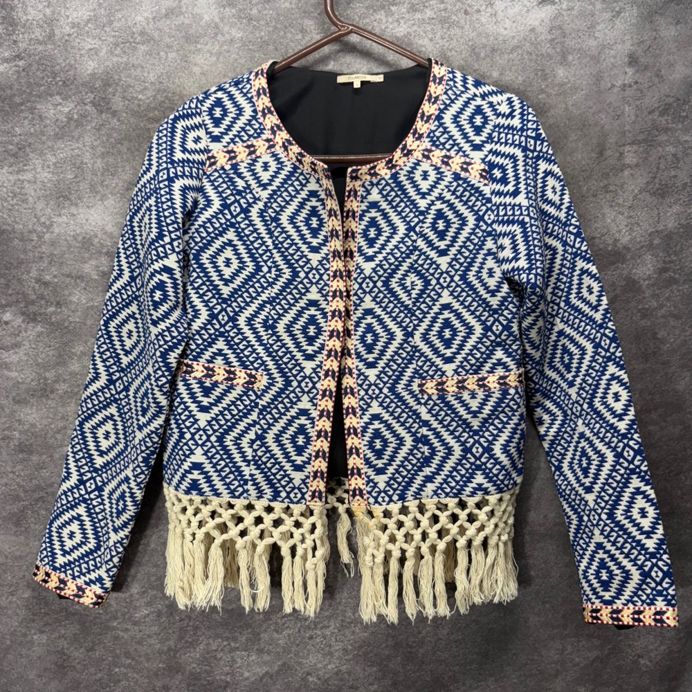 Tularosa Sante Fe Fringe Tapestry Jacket Size S Blue White Diamondback Aztec